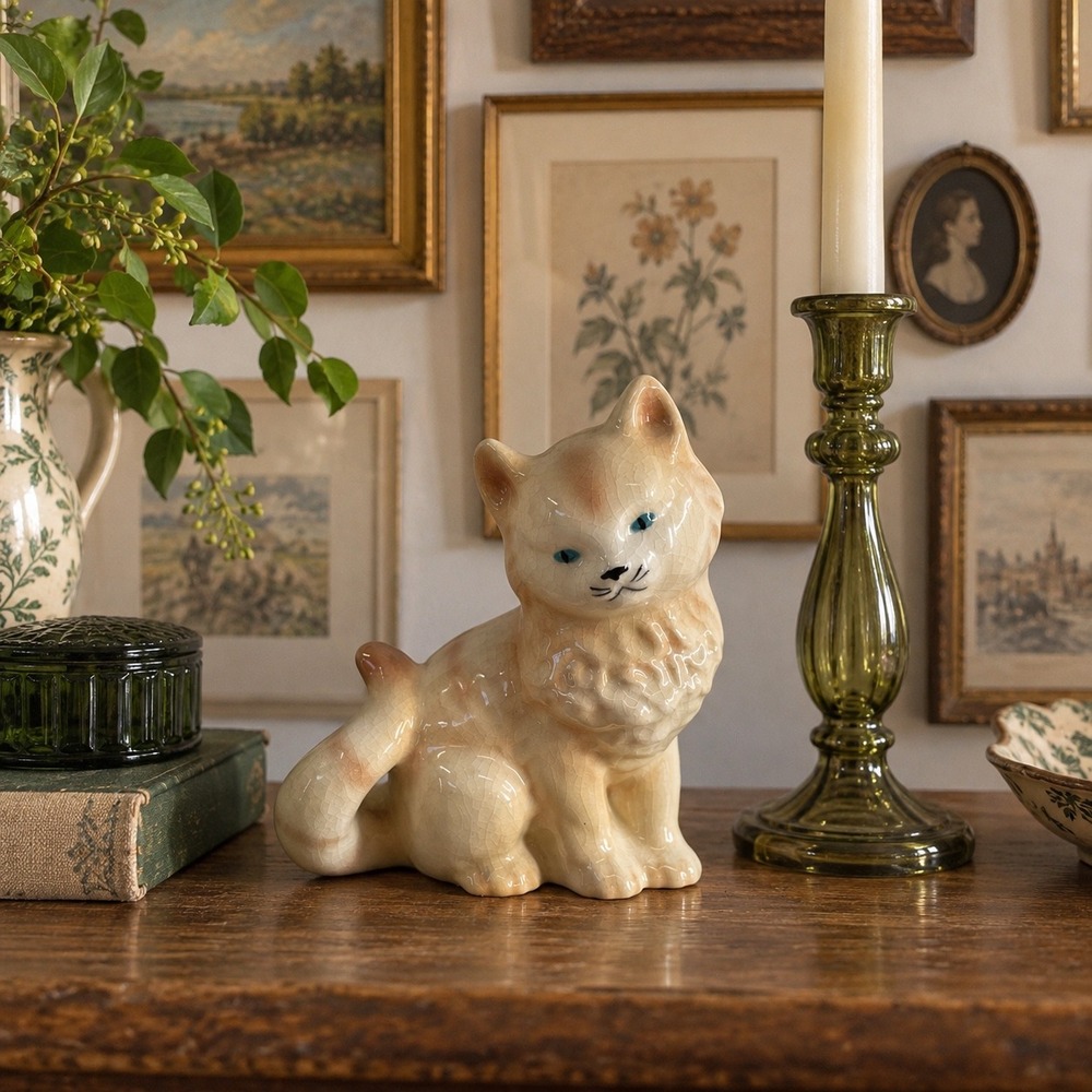 Vintage Ceramic Cat Figurine Cream Crackle Glaze Blue Eyes Cottage Decor Boho